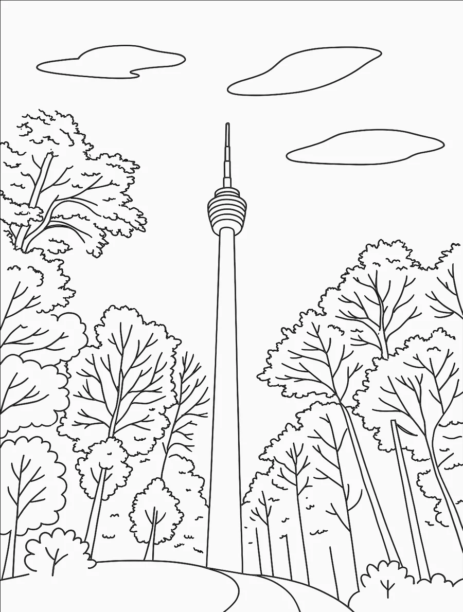 Schwarz-Weiß-Malvorlage des Stuttgarter Fernsehturms zwischen Bäumen