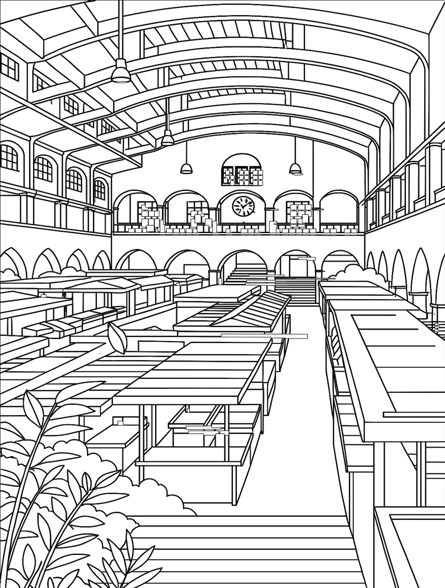 Schwarz-Weiß-Malvorlage der Stuttgarter Markthalle mit Arkaden und Verkaufsständen