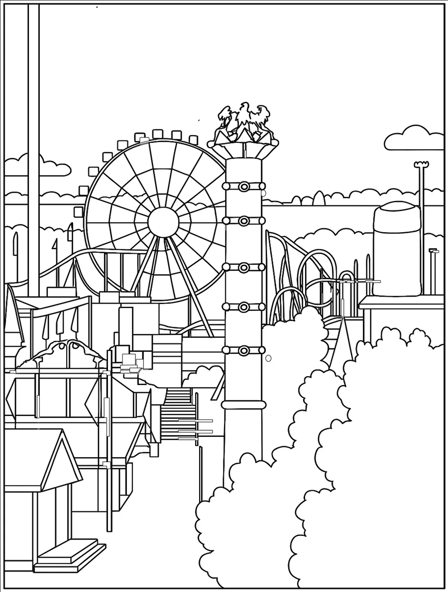 Schwarz-Weiß-Malvorlage mit Riesenrad und Fahrgeschäften auf dem Cannstatter Wasen